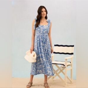 Blue Rayon BOHO FLORAL PRINT TIE STRAP MIDI DRESS Large NWOT